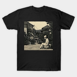 Antisocial woman sitting on bench outdoors T-Shirt